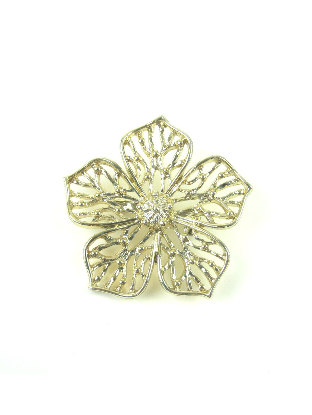 Vintage Flower Pin Brooch Gold tone Openwork Floral & Round Bead Accents 1.5"